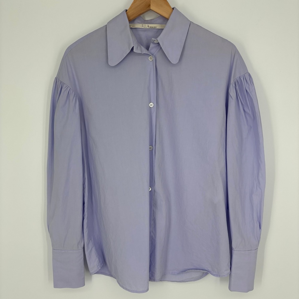 Tela Pasha Poplin Shirt Womens Size XS Lavender Puff Sleeve Cotton Button Down